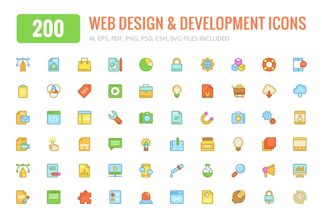 200个彩色网页设计主题图标 200 Web Design Colored & Line Icons