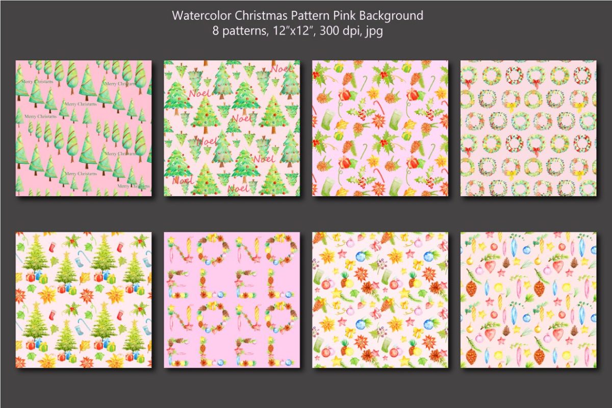 水彩圣诞背景纹理素材 Watercolor Christmas Pattern Pink