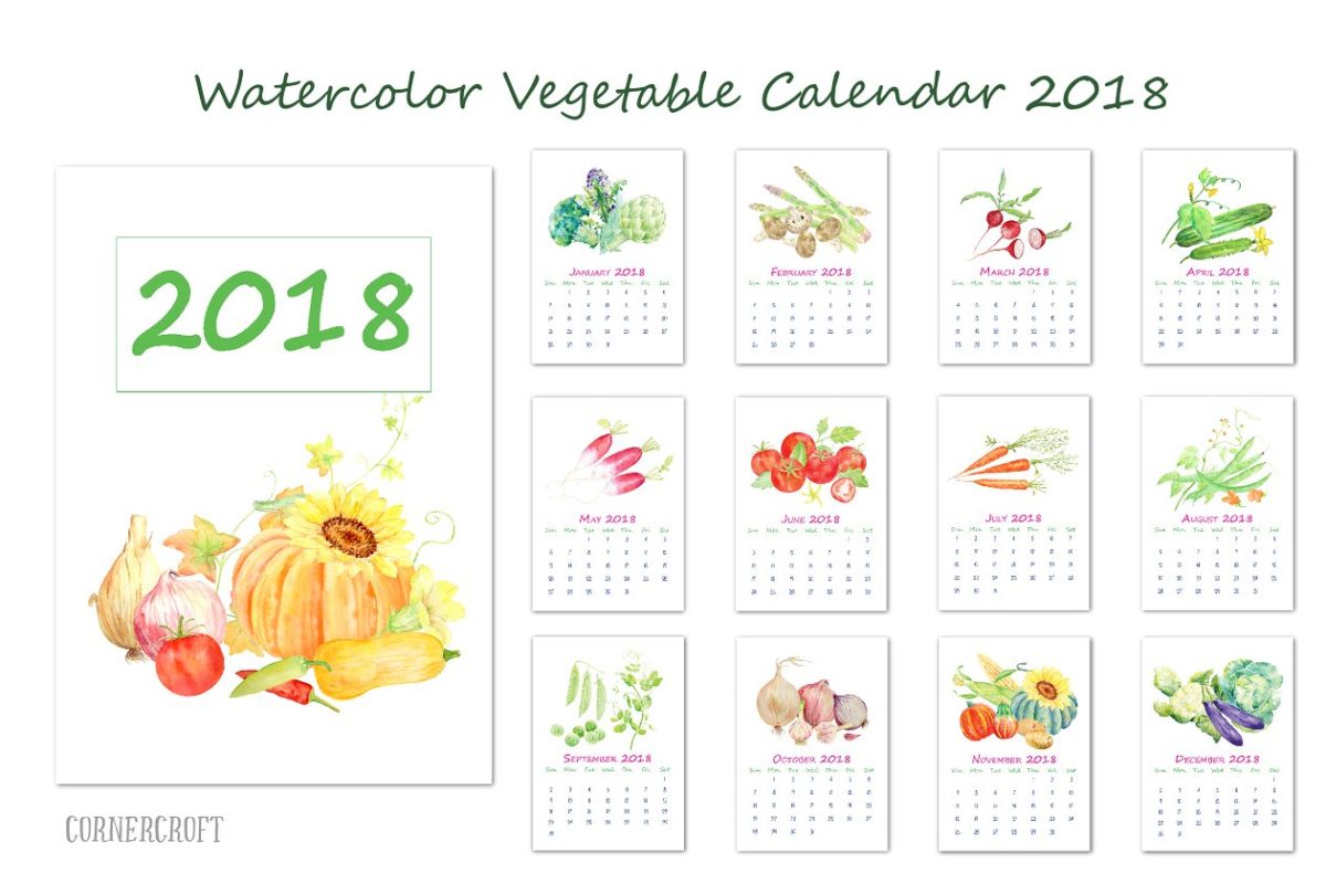 季节元素水彩日历模板 2018 Calendar Watercolor Vegetable