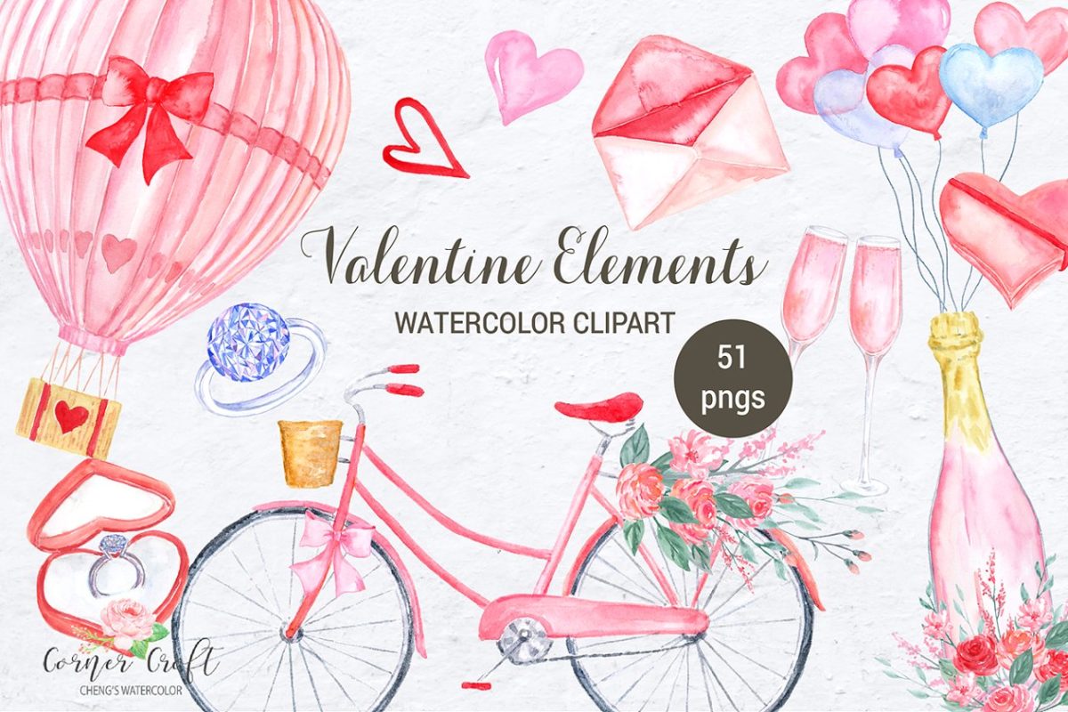 情人节常用水彩元素 Watercolor Valentine Elements