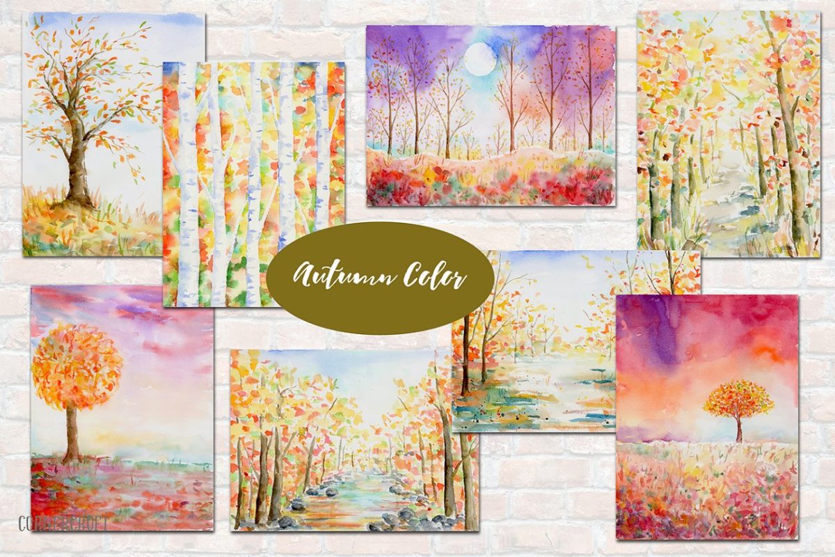 水彩山水秋色图 Watercolor Landscape Autumn Color