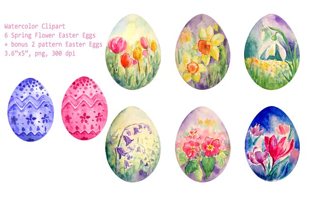 水彩复活节彩蛋插画 Watercolor Spring Flower Easter Eggs