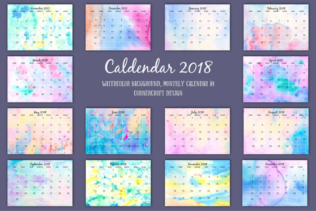 日历水彩设计 2018 Calendar Monthly Watercolor