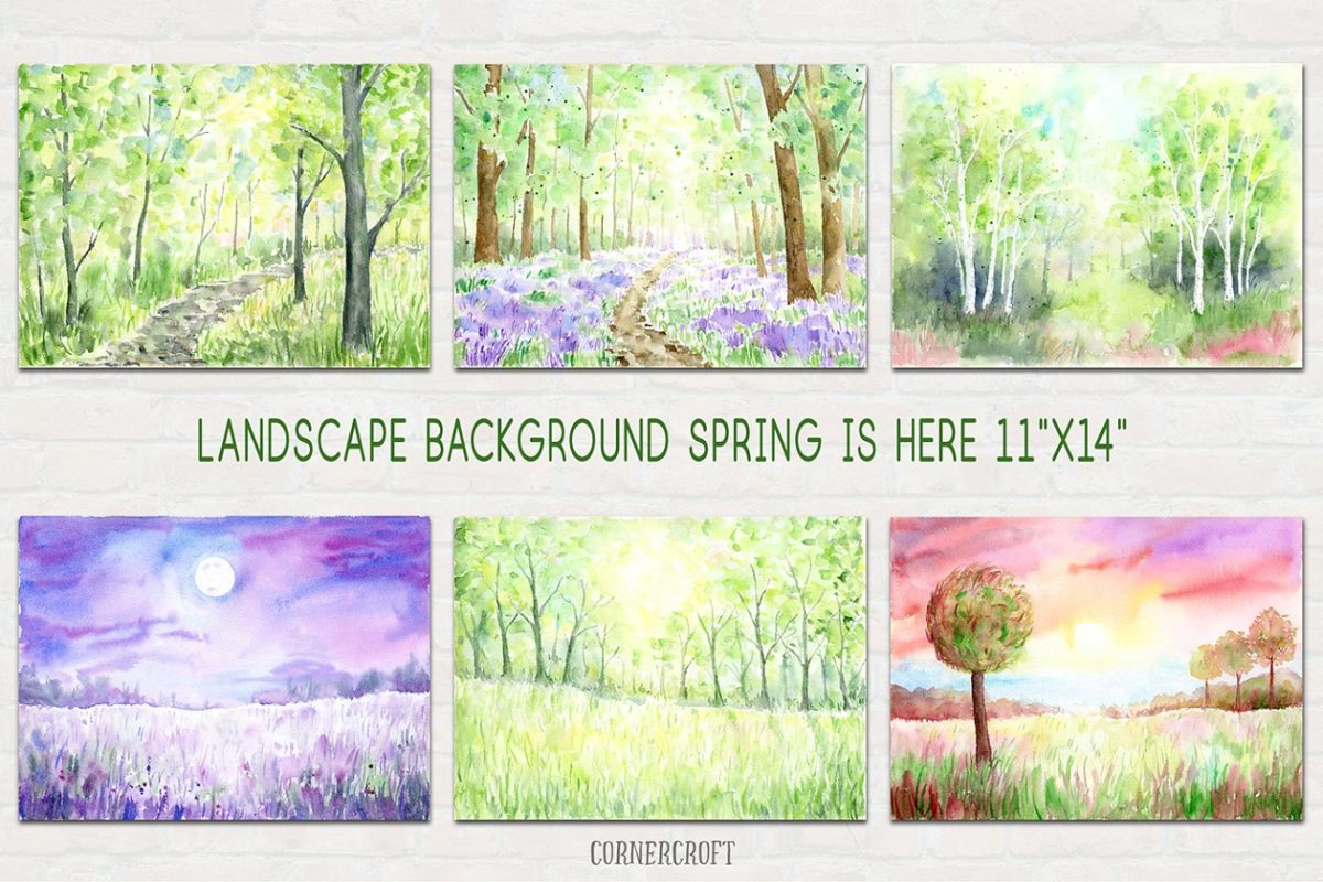 春天水彩花卉大陆素材 Watercolour Landscape Print Spring