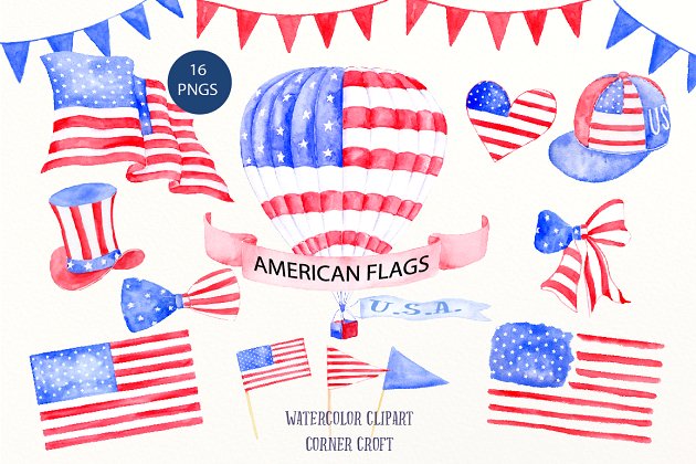 水彩美国国旗元素 Watercolor American Flag Elements