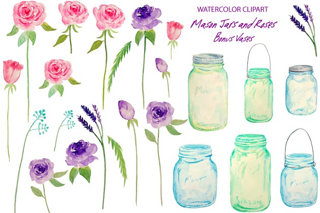 水彩婚礼素材插画 Watercolor Wedding Mason Jars Roses