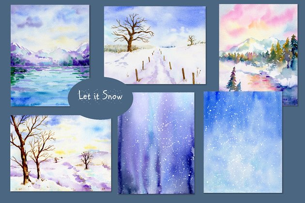 水彩冬季插画素材 Watercolor Background Let It Snow