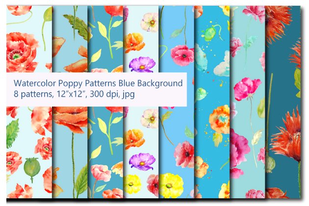 水彩罂粟花图案蓝色主题 Watercolor poppy Patterns Blue Theme