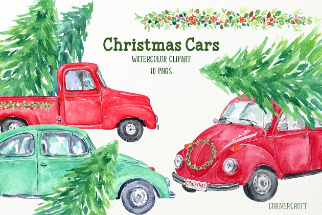 水彩绘制的圣诞汽车素材 Watercolour Christmas Cars