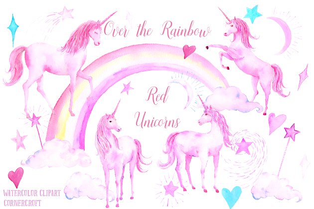 水彩粉色独角兽插画 Watercolor Pink Unicorns