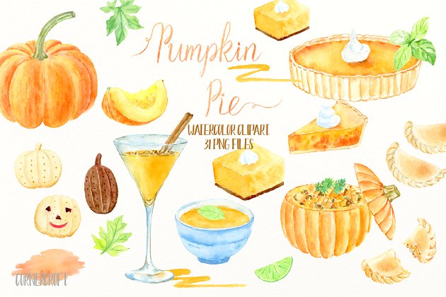 水彩南瓜插画 Watercolor Pumpkin Pie Clipart