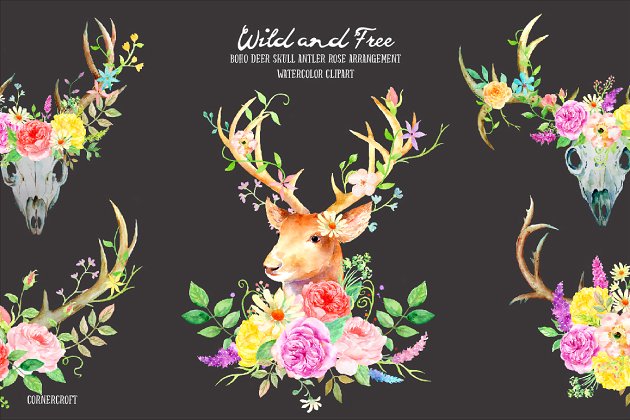 鹿和玫瑰的水彩画素材包 Watercolor Deer and Rose
