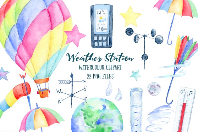 水彩画气象站插图素材 Watercolor Weather Station Graphics