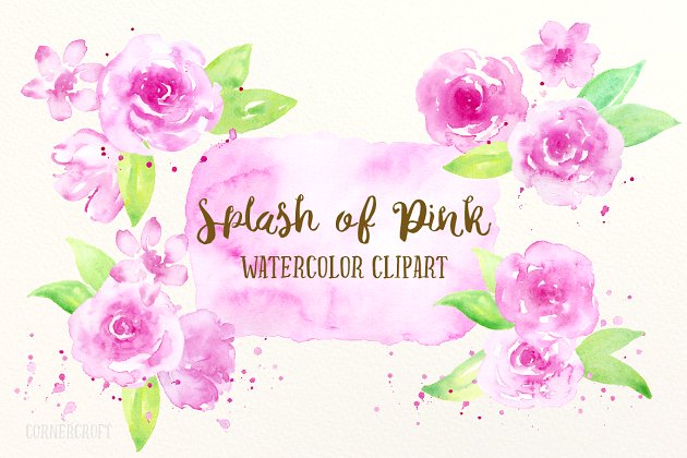 粉色水彩花卉剪贴画 Watercolor Clipart Splash of Pink