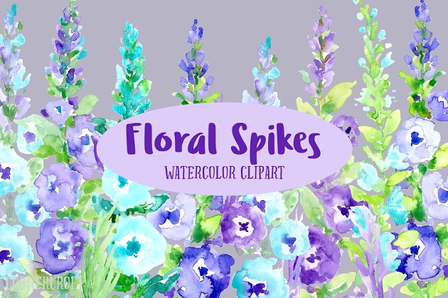 紫色薰衣草水彩花卉 Watercolor Floral Spikes Purple