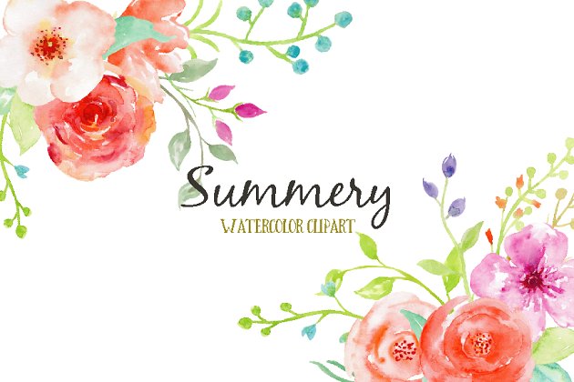 夏季水彩花卉素材 Watercolor Clipart Summery