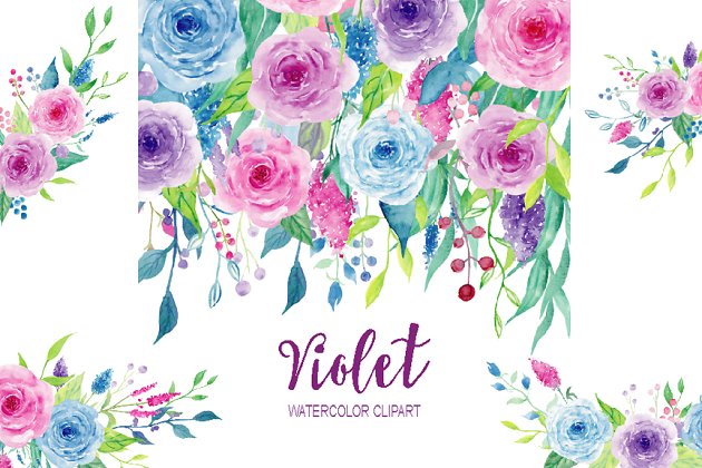 粉色水彩花卉素材 Watercolor Clipart Violet Collection
