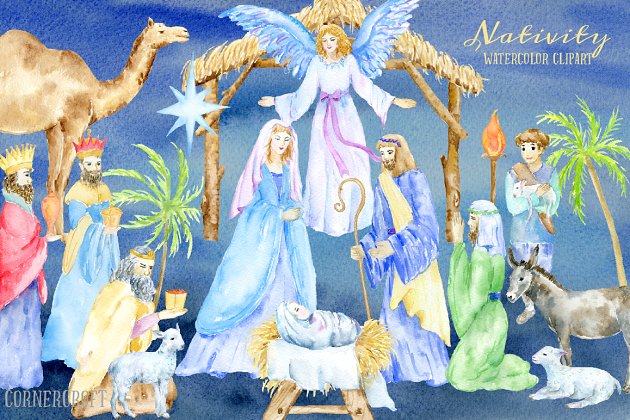 神的水彩插图 Watercolor Illustration Nativity