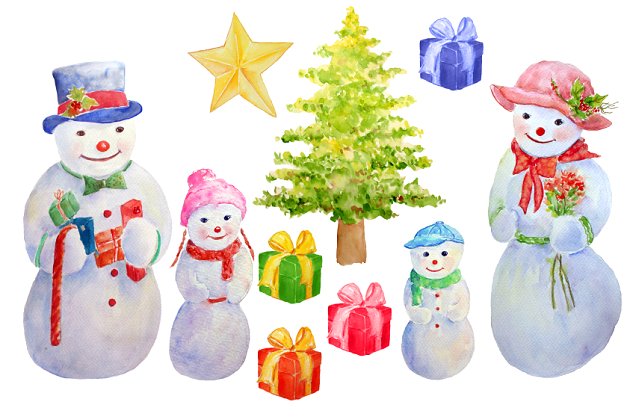 圣诞节水彩雪人插画 Watercolor Snowman Family