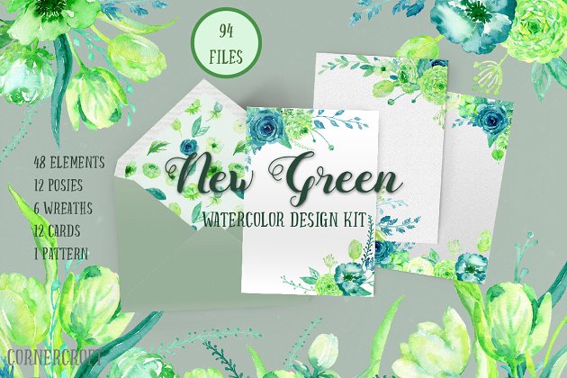 水彩效果的平面物料设计 Design Kit New Green Watercolour