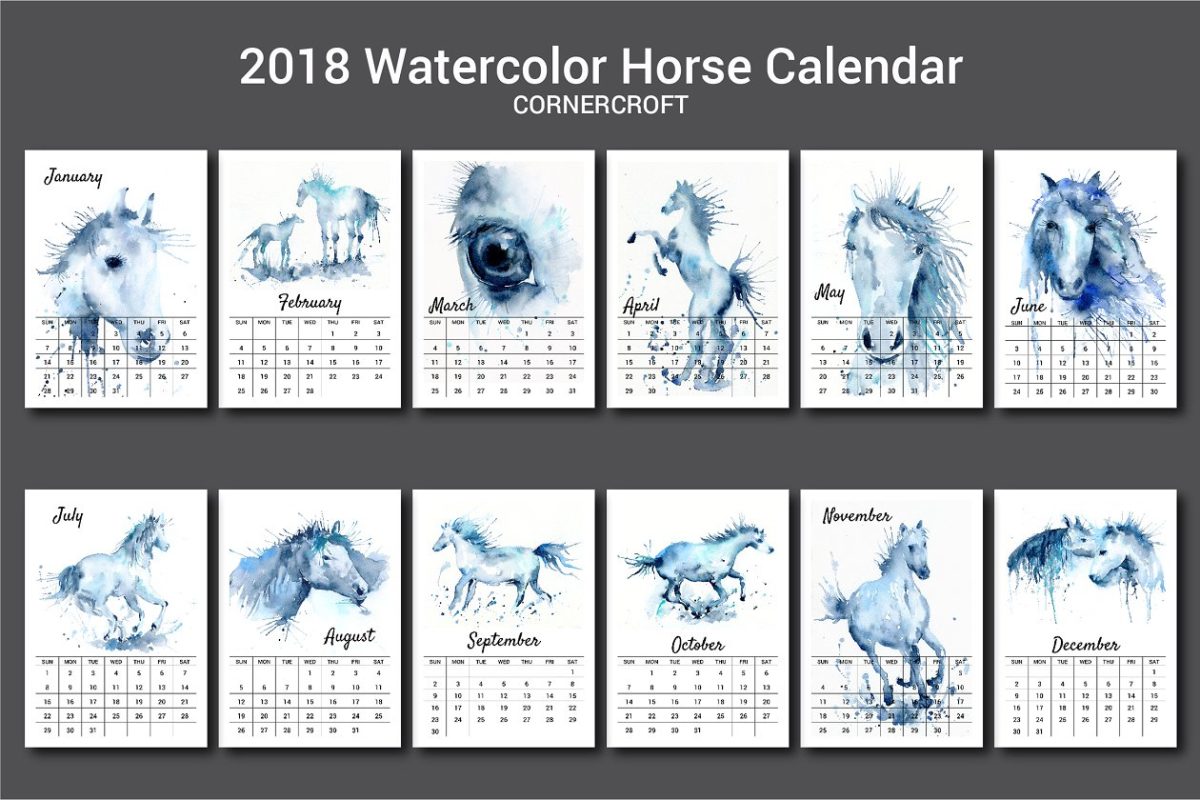 马水彩画日历模板 2018 Calendar Watercolor Horse
