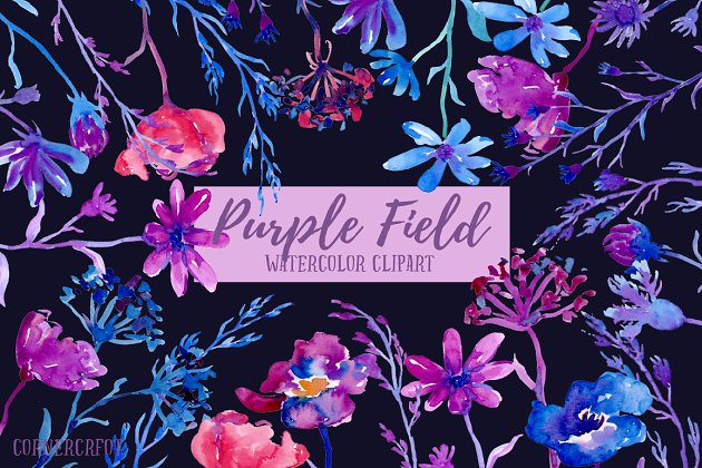 水彩紫色领域黑暗的花 Watercolor Purple field Dark Flowers