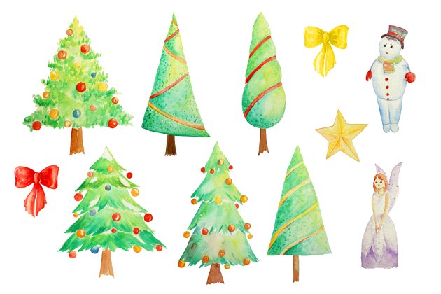 水彩圣诞节元素剪贴画 Watercolor Clipart Christmas Trees