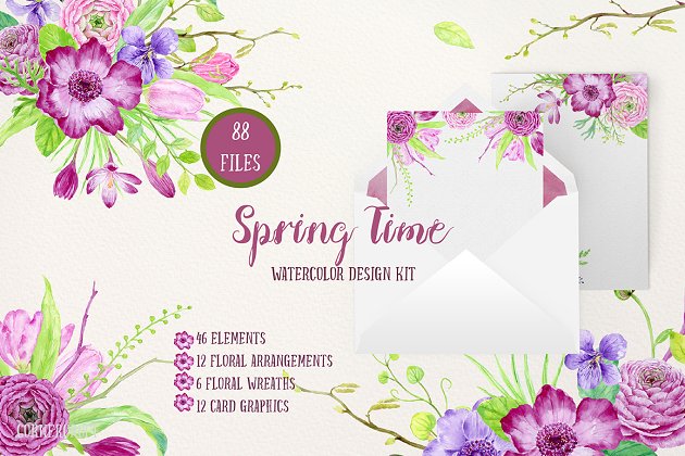 水彩效果的春天物料设计素材包 Watercolor Design Kit Spring Time