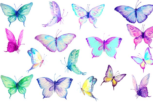 水彩蓝色蝴蝶插画 Watercolor Blue Butterflies
