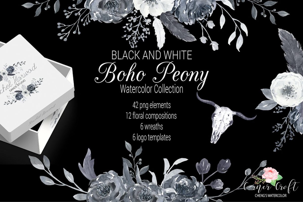 黑白牡丹花素材 Boho Peonies Black and White