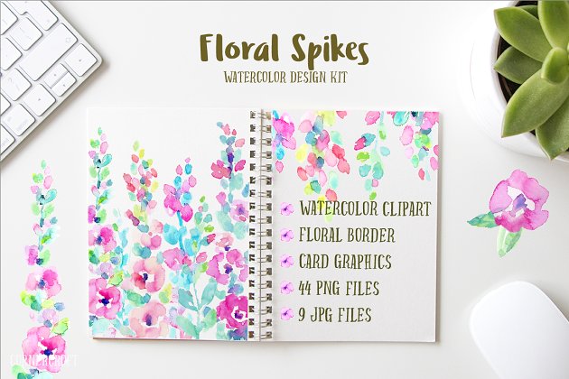 水彩花卉设计工具包 Watercolor Design Kit Floral Spikes