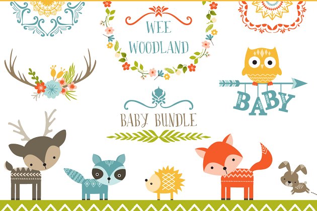 卡通可爱的动物图形素材 Wee Woodland Baby Graphics Patterns