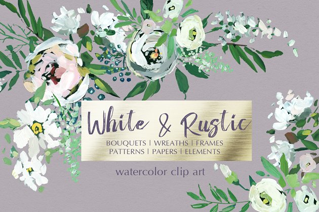 白色手绘花卉素材 White Hand Painted Floral Clip Art