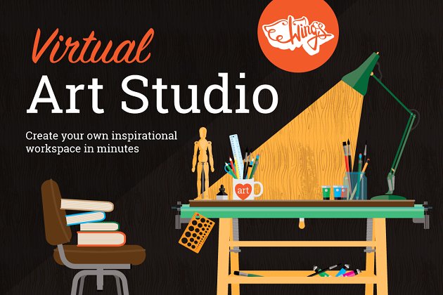 个性的艺术工作室插画素材包 Art Studio and Stationery Design Kit