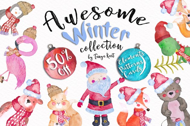 开通的冬季动物圣诞水彩画素材 Cute Winter Animals Collection