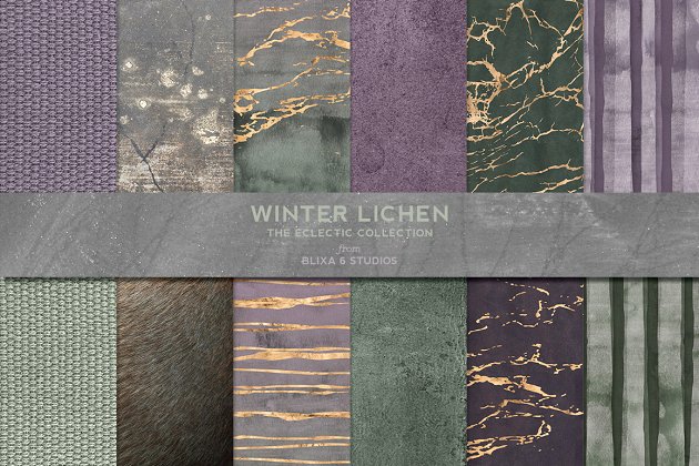 冬季水彩烫金材质背景纹理 Winter Lichen Watercolor & Gold