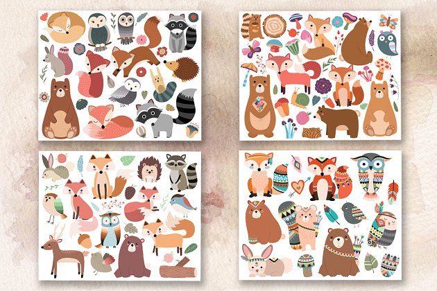 110大量的森林中卡通动物形象插画素材 110 pc Huge Woodland Clipart Set