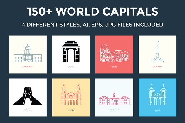 150+世界各国首都名都代表名胜插画图形 150+ World Capitals Illustration