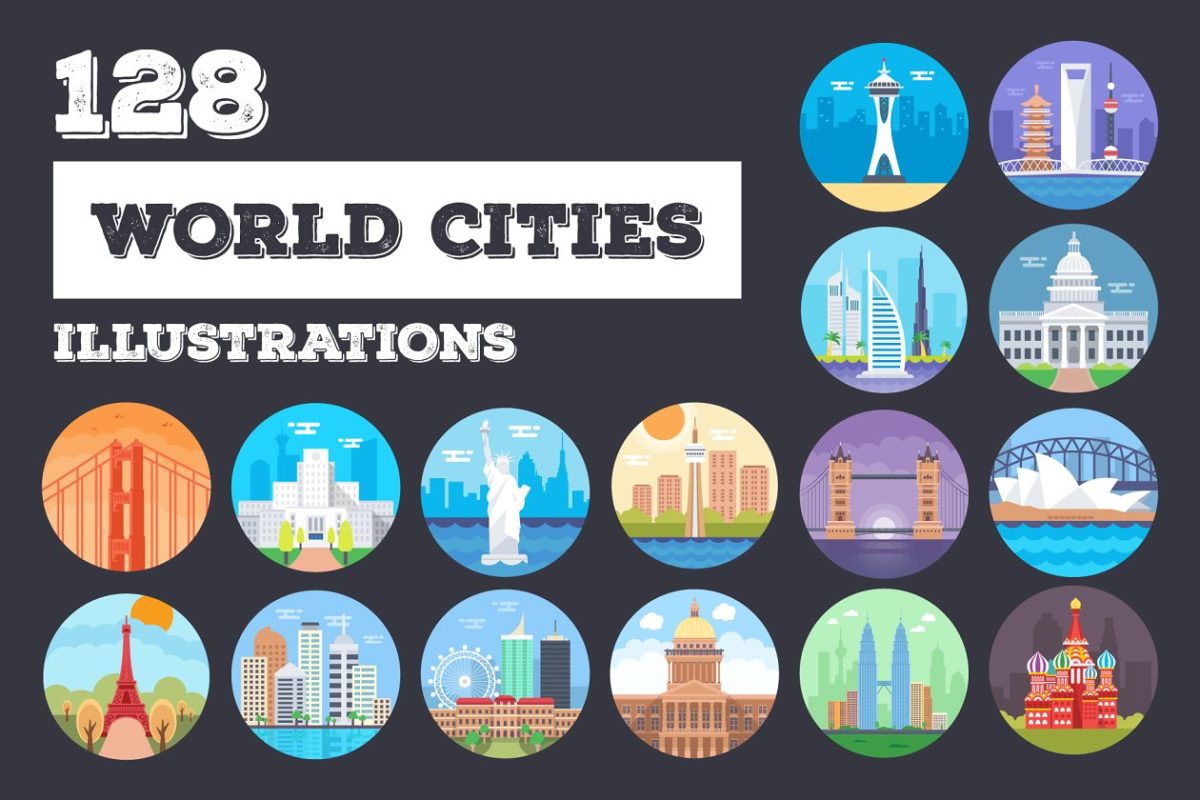 125+世界著名城市插图图形 125+ World Cities Illustrations