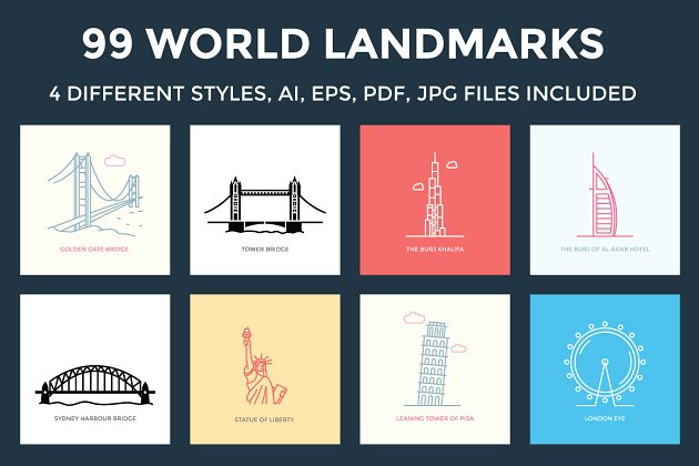 99个全球地标建筑简易插画素材 99 World Landmarks Illustration