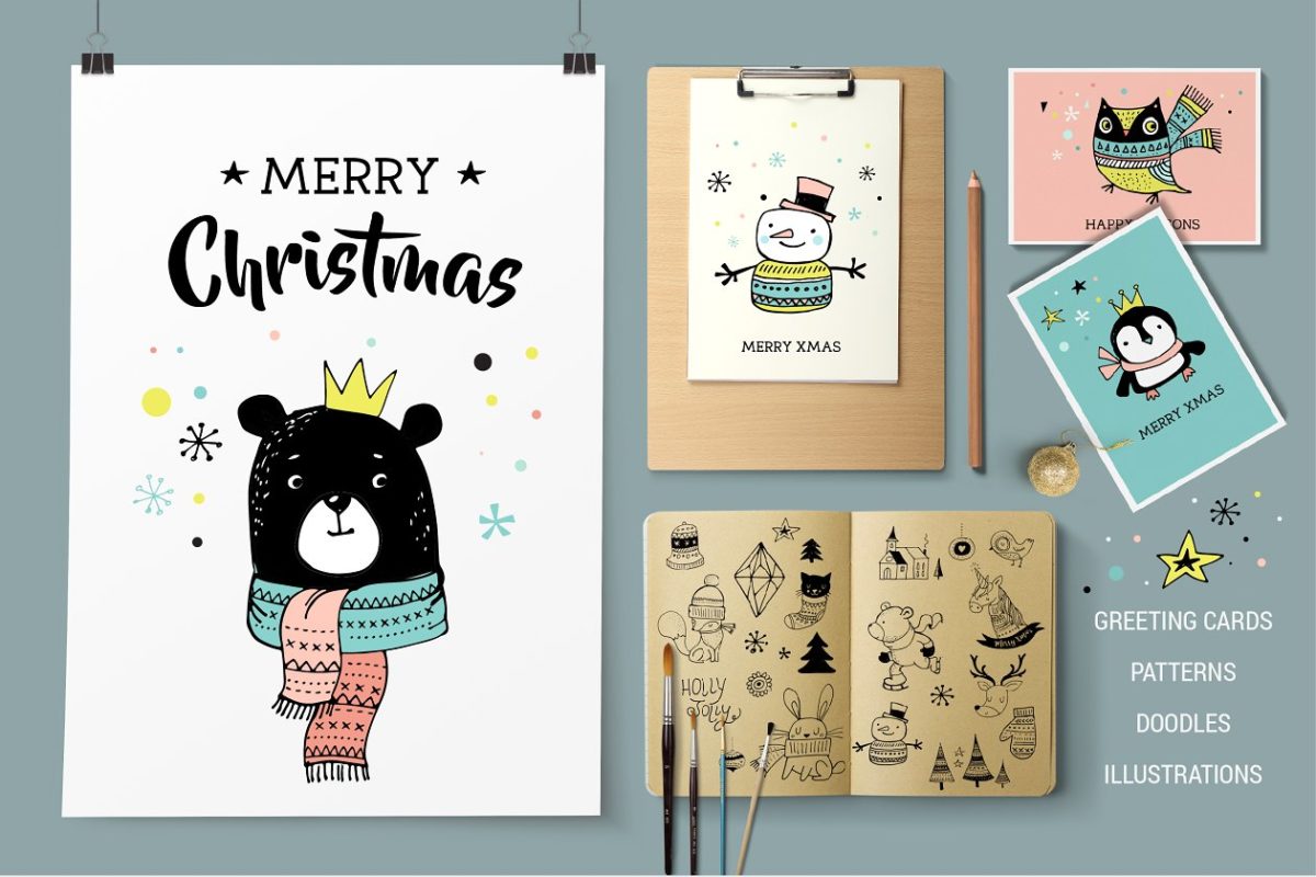 圣诞节卡片插画 Merry Christmas greetings & doodles