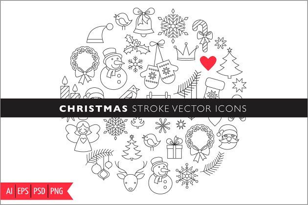 圣诞节元素图标素材 Christmas Stroke Icons set