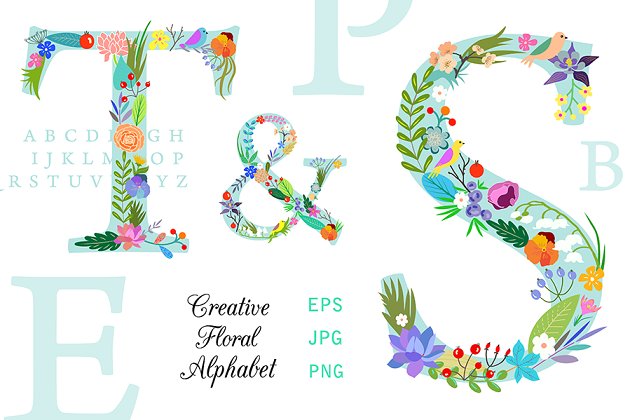 明亮花卉字母插画 Bright Floral Alphabet. EPS and PNG