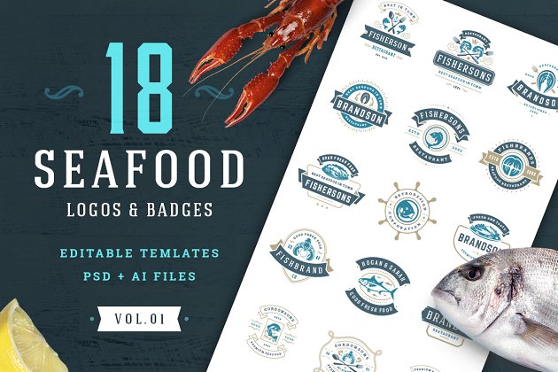 海鲜logo设计模板 18 Seafood Logos & Badges