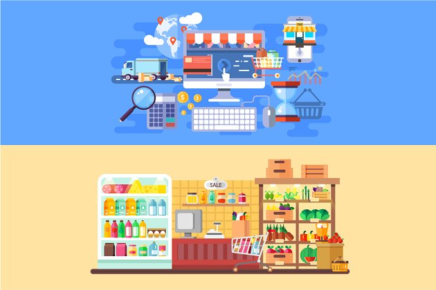 超市和电商相关的矢量插画 Supermarket and E-commerce Banners