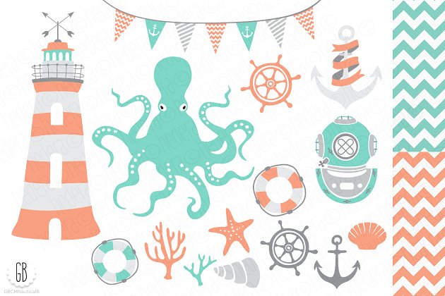 海洋元素图案剪贴画 Nautical vector clip art, octopus
