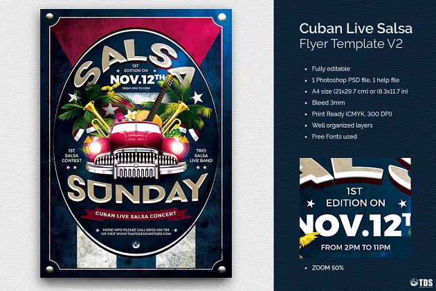 古巴萨尔萨舞活页PSD海报模板V2 Cuban Live Salsa Flyer PSD V2