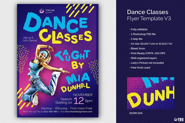 舞蹈课宣传海报模板 Dance Classes Flyer PSD V3