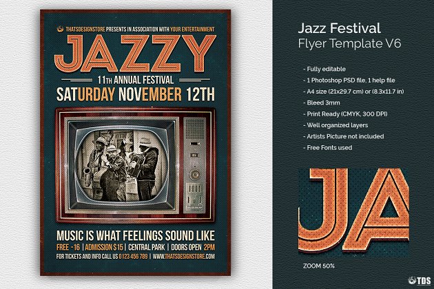 爵士乐节传单模板V6 Jazz Festival Flyer Template V6