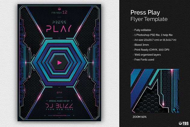科幻游戏海报模板 Press Play Flyer PSD